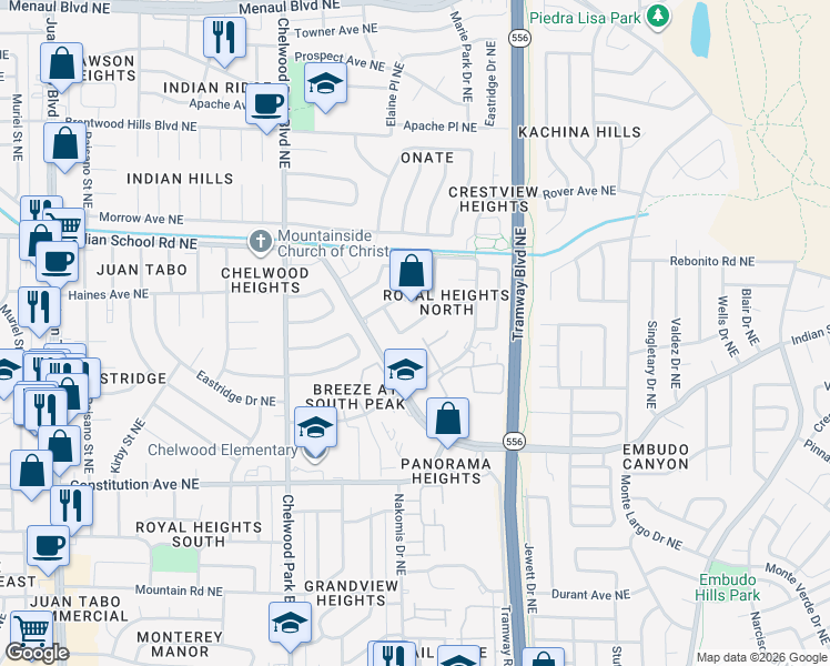 map of restaurants, bars, coffee shops, grocery stores, and more near 12628 Indian Place Northeast in Albuquerque