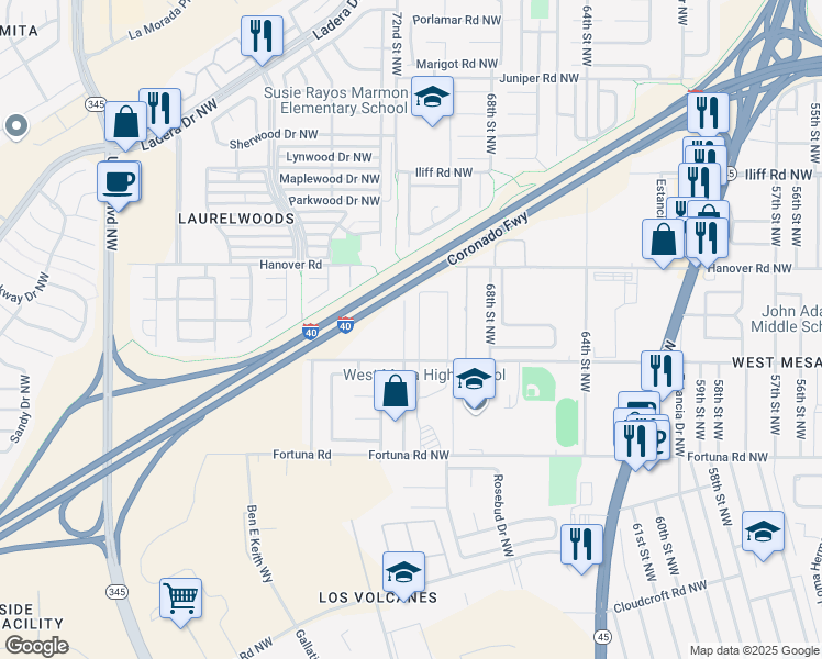 map of restaurants, bars, coffee shops, grocery stores, and more near 1008 72nd Street Northwest in Albuquerque