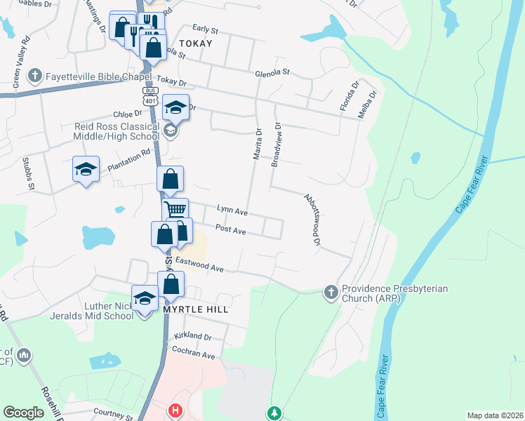 map of restaurants, bars, coffee shops, grocery stores, and more near 321 Lynn Avenue in Fayetteville