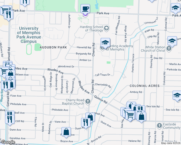 map of restaurants, bars, coffee shops, grocery stores, and more near 1225 Cherry Road in Memphis