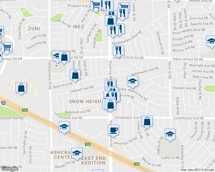 map of restaurants, bars, coffee shops, grocery stores, and more near 1509 Wyoming Boulevard Northeast in Albuquerque