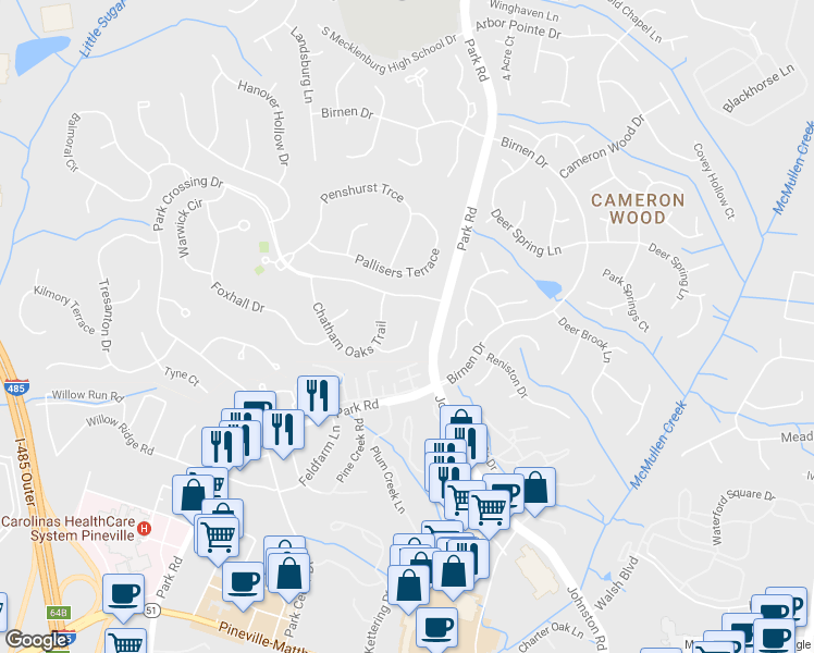 map of restaurants, bars, coffee shops, grocery stores, and more near 9914 Foxx Oak Place in Charlotte