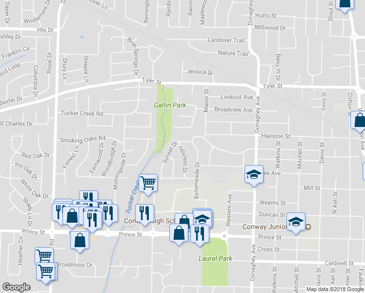 map of restaurants, bars, coffee shops, grocery stores, and more near 1322 Hillcrest Drive in Conway