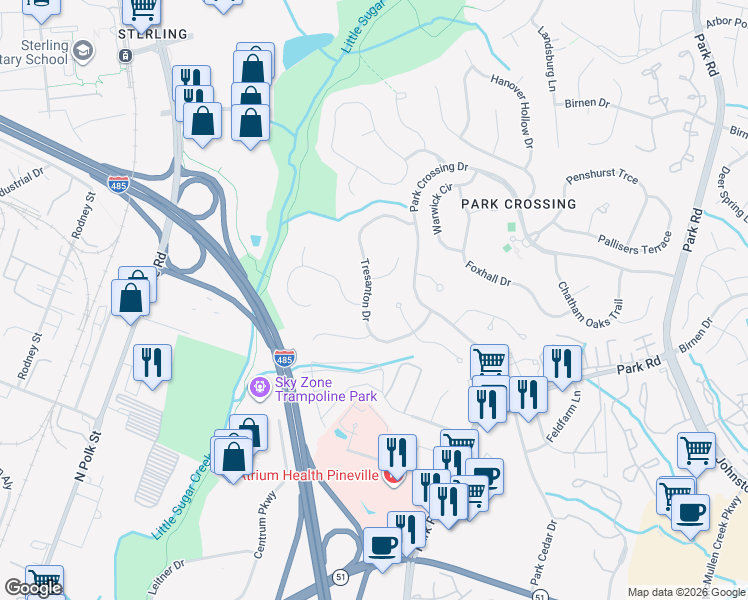 map of restaurants, bars, coffee shops, grocery stores, and more near 9400 Tresanton Drive in Charlotte