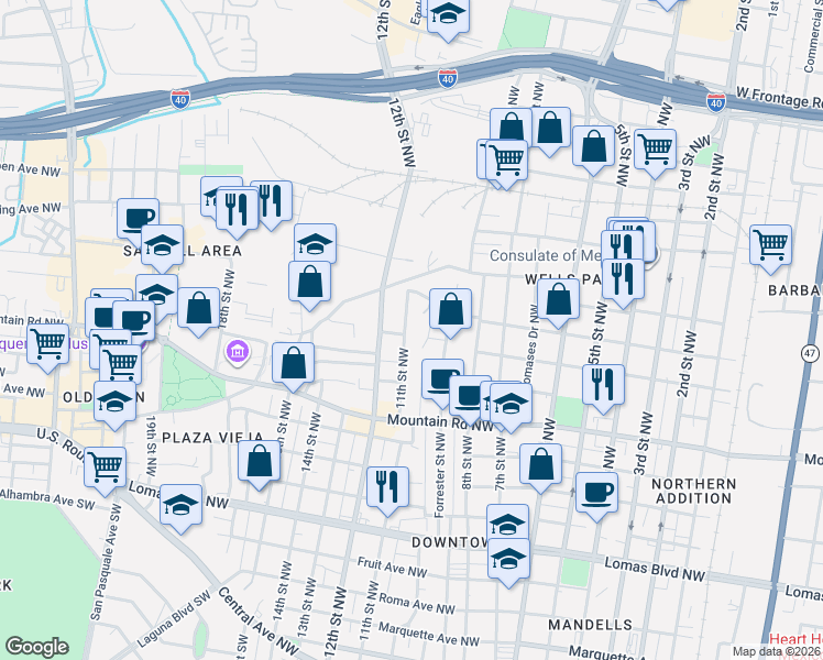 map of restaurants, bars, coffee shops, grocery stores, and more near 1210 11th Street Northwest in Albuquerque
