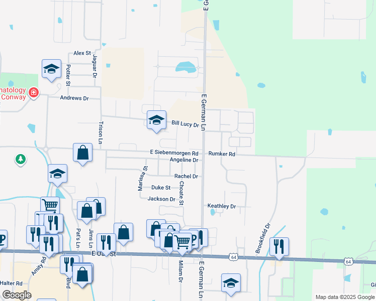 map of restaurants, bars, coffee shops, grocery stores, and more near 1513 East German Lane in Conway