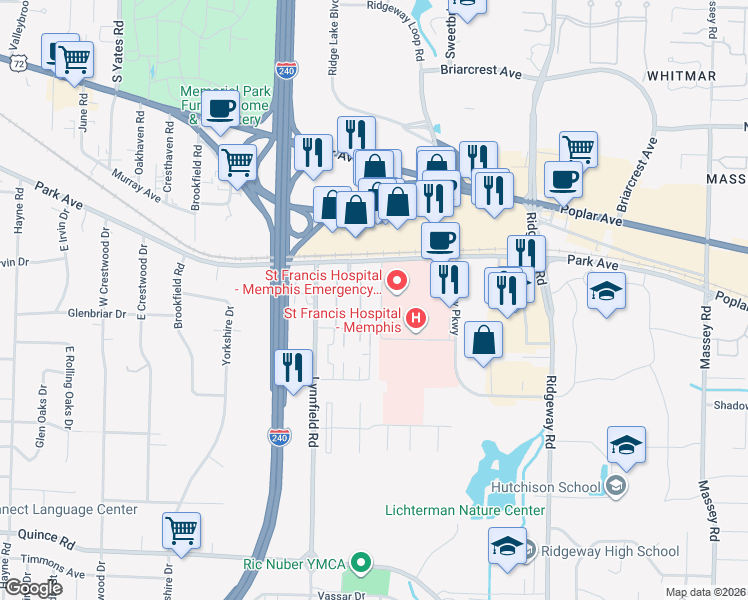 map of restaurants, bars, coffee shops, grocery stores, and more near 1204 Chamberlain Drive in Memphis