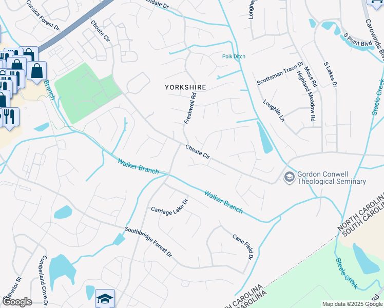 map of restaurants, bars, coffee shops, grocery stores, and more near 14401 Timber Falls Court in Charlotte