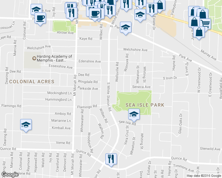 map of restaurants, bars, coffee shops, grocery stores, and more near 1220 South White Station Road in Memphis