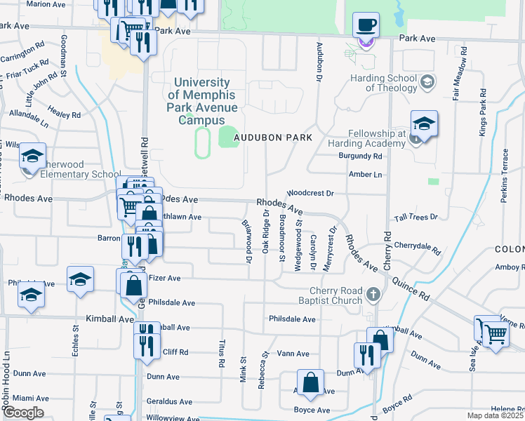 map of restaurants, bars, coffee shops, grocery stores, and more near 1223 Oak Ridge Drive in Memphis