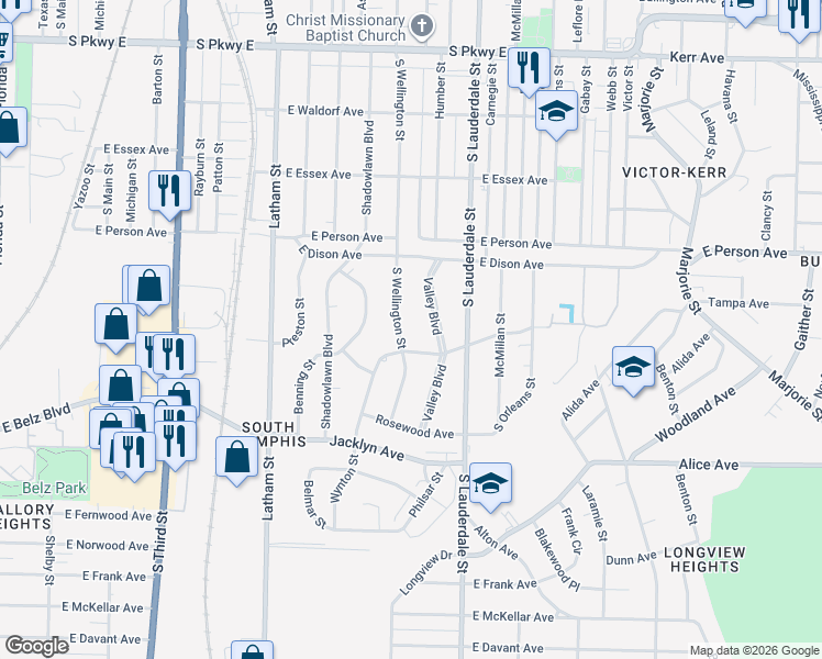 map of restaurants, bars, coffee shops, grocery stores, and more near 1786 South Wellington Street in Memphis
