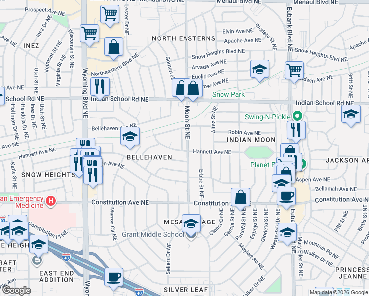 map of restaurants, bars, coffee shops, grocery stores, and more near 1600 Haines Place Northeast in Albuquerque