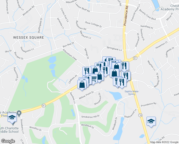 map of restaurants, bars, coffee shops, grocery stores, and more near 3300 Thaxton Place in Charlotte