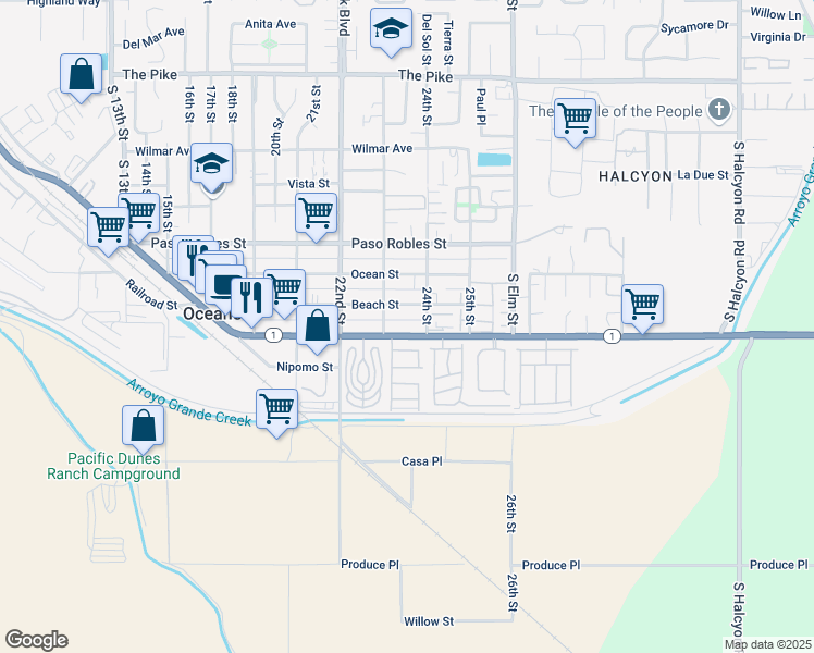 map of restaurants, bars, coffee shops, grocery stores, and more near 2361 Cienaga Street in Oceano
