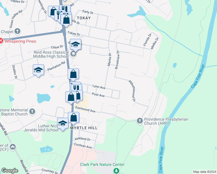 map of restaurants, bars, coffee shops, grocery stores, and more near 321 Lynn Avenue in Fayetteville