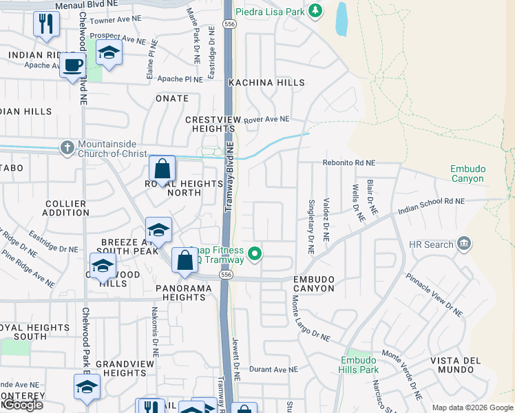 map of restaurants, bars, coffee shops, grocery stores, and more near 1636 Cullen Lane Northeast in Albuquerque