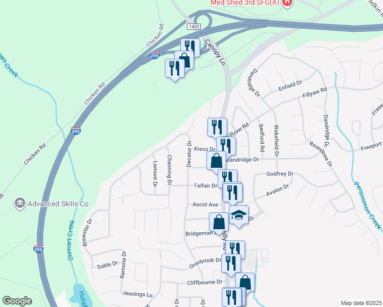 map of restaurants, bars, coffee shops, grocery stores, and more near 297 Decatur Drive in Fayetteville