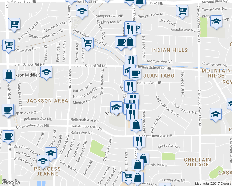 map of restaurants, bars, coffee shops, grocery stores, and more near 1609 Maxine Street Northeast in Albuquerque