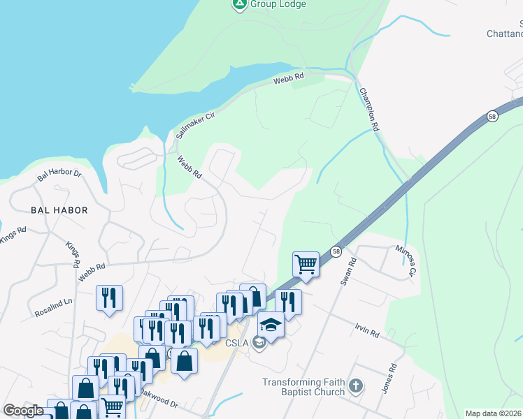 map of restaurants, bars, coffee shops, grocery stores, and more near 5059 Eller Road in Chattanooga