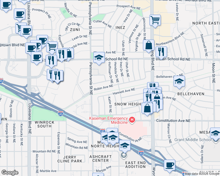 map of restaurants, bars, coffee shops, grocery stores, and more near 7752 Robin Avenue Northeast in Albuquerque
