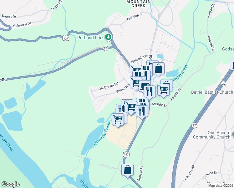map of restaurants, bars, coffee shops, grocery stores, and more near 134 Signal Hills Drive in Chattanooga