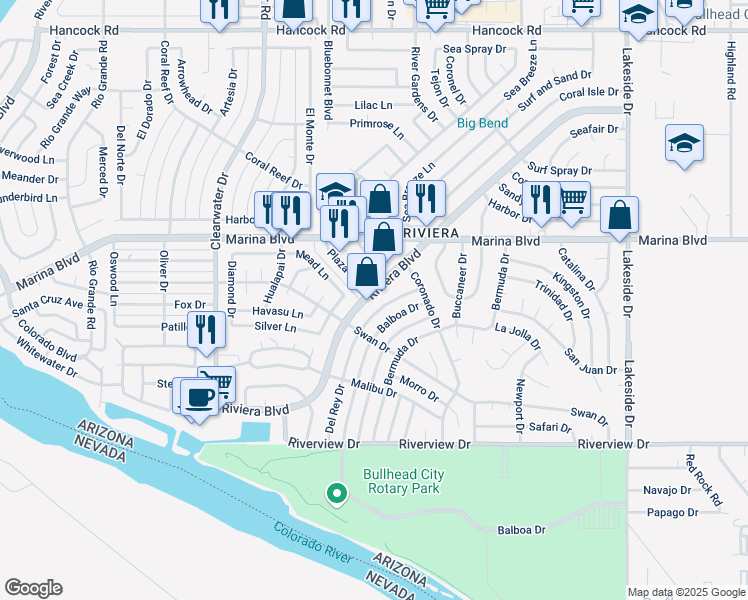 map of restaurants, bars, coffee shops, grocery stores, and more near 2074 Riviera Boulevard in Bullhead City