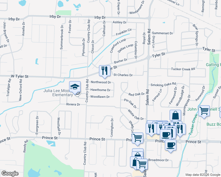 map of restaurants, bars, coffee shops, grocery stores, and more near 26 Hawthorne Drive in Conway