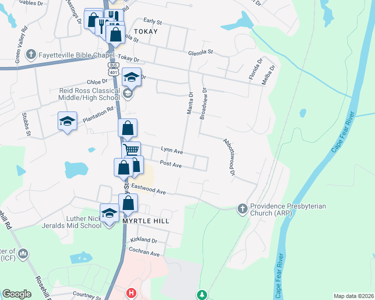map of restaurants, bars, coffee shops, grocery stores, and more near 321 Lynn Avenue in Fayetteville