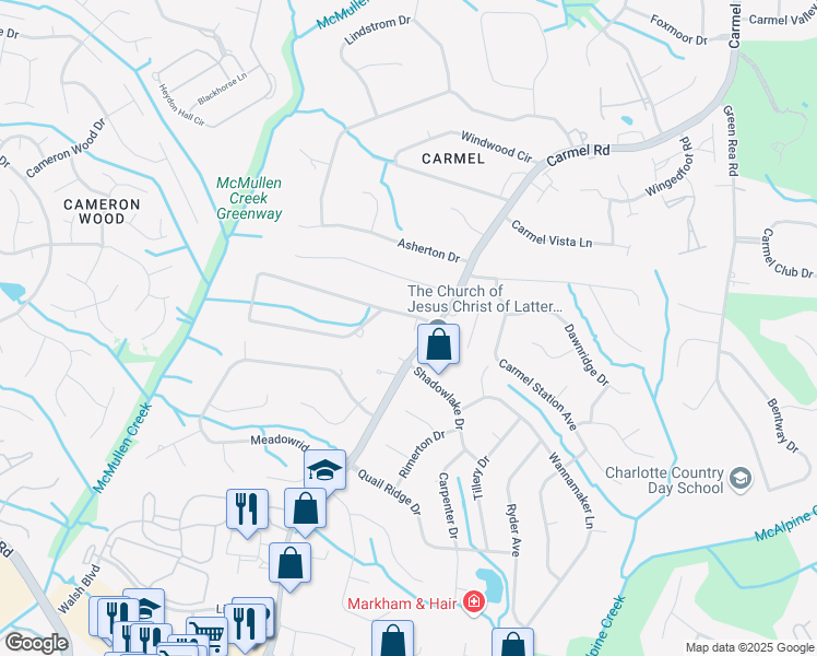 map of restaurants, bars, coffee shops, grocery stores, and more near 3425 Carmel Forest Drive in Charlotte