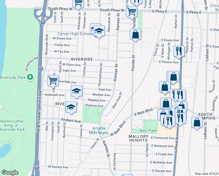 map of restaurants, bars, coffee shops, grocery stores, and more near 104 Vaal Avenue in Memphis