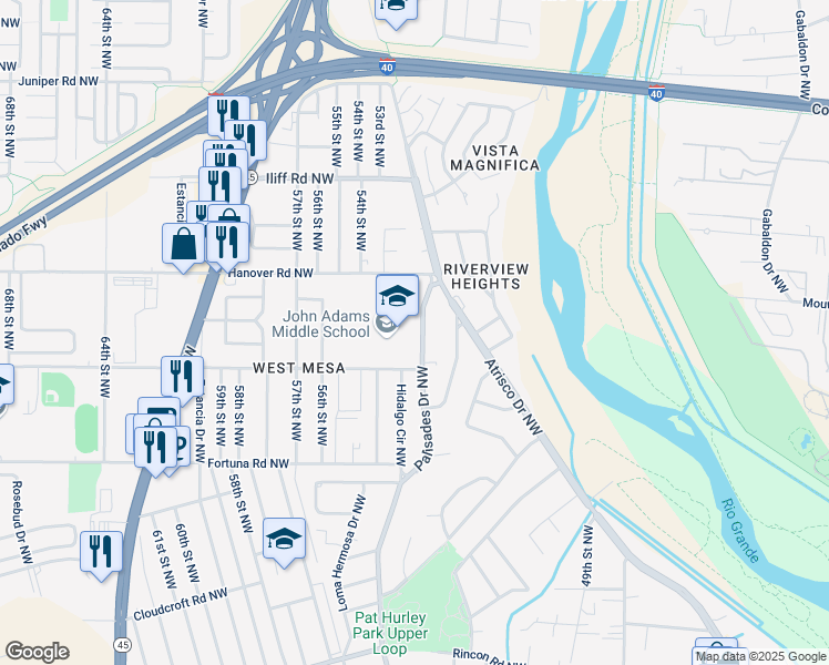 map of restaurants, bars, coffee shops, grocery stores, and more near 1125 Palisades Drive Northwest in Albuquerque