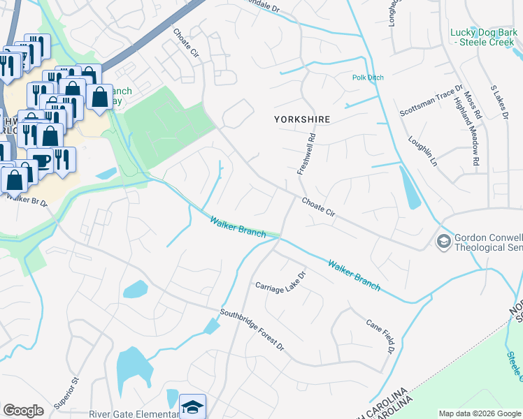 map of restaurants, bars, coffee shops, grocery stores, and more near 14510 Cinnamon Field Road in Charlotte