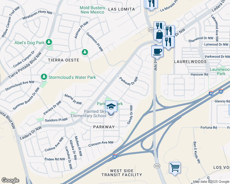 map of restaurants, bars, coffee shops, grocery stores, and more near 8127 Sheffield Place Northwest in Albuquerque