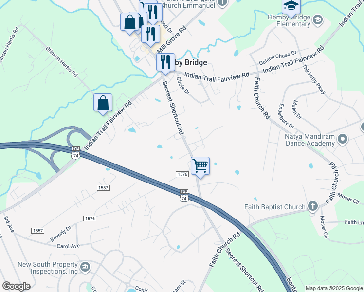 map of restaurants, bars, coffee shops, grocery stores, and more near 7417 Secrest Short Cut Road in Indian Trail