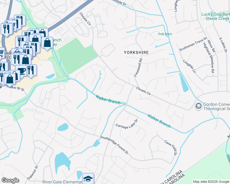 map of restaurants, bars, coffee shops, grocery stores, and more near 14510 Cinnamon Field Road in Charlotte