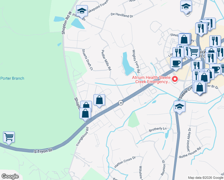 map of restaurants, bars, coffee shops, grocery stores, and more near 13765 Singleleaf Lane in Charlotte