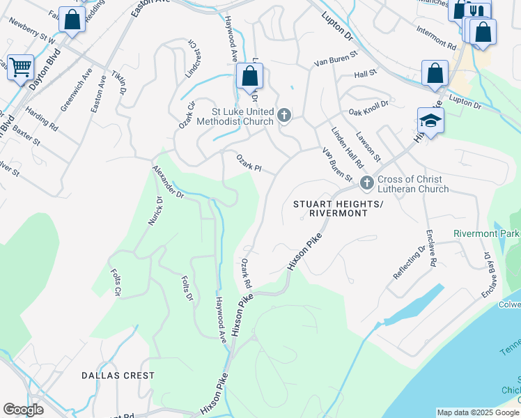 map of restaurants, bars, coffee shops, grocery stores, and more near 2919 Ozark Road in Chattanooga