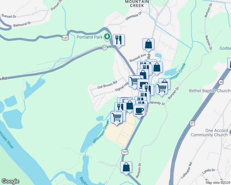 map of restaurants, bars, coffee shops, grocery stores, and more near 134 Signal Hills Drive in Chattanooga