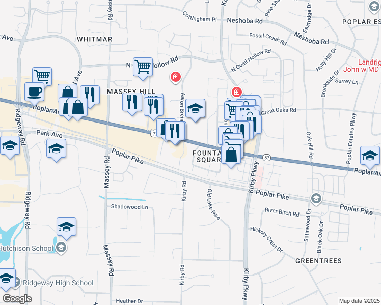 map of restaurants, bars, coffee shops, grocery stores, and more near 1859 Poplar Pines Drive in Memphis