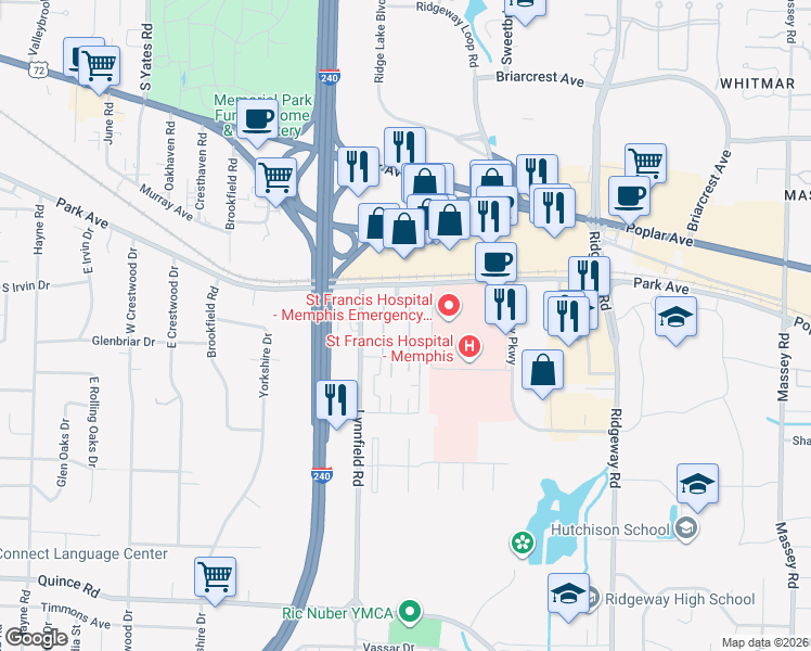map of restaurants, bars, coffee shops, grocery stores, and more near 1204 Chamberlain Drive in Memphis