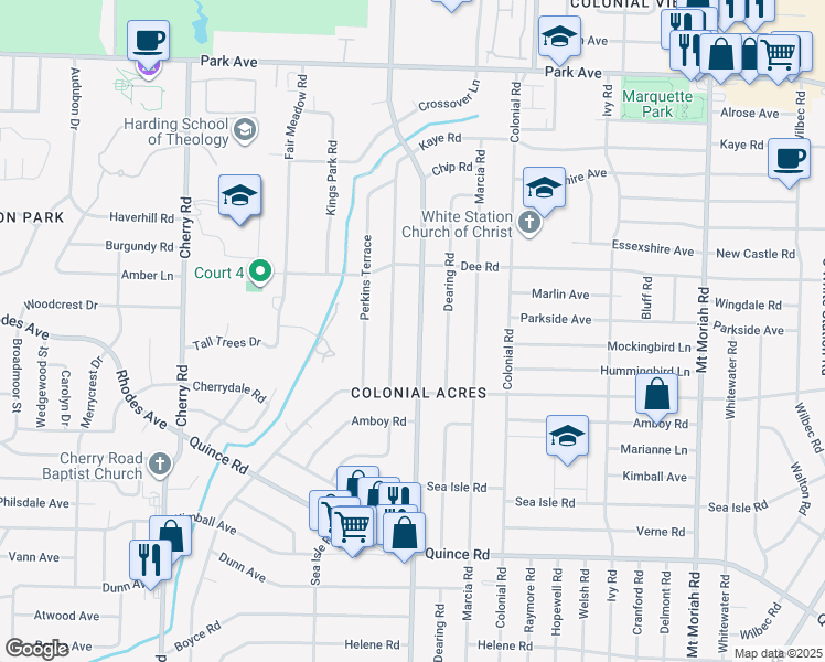 map of restaurants, bars, coffee shops, grocery stores, and more near 1215 South Perkins Road in Memphis