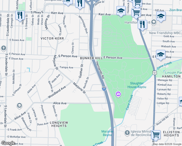 map of restaurants, bars, coffee shops, grocery stores, and more near 1769 Norfolk Street in Memphis