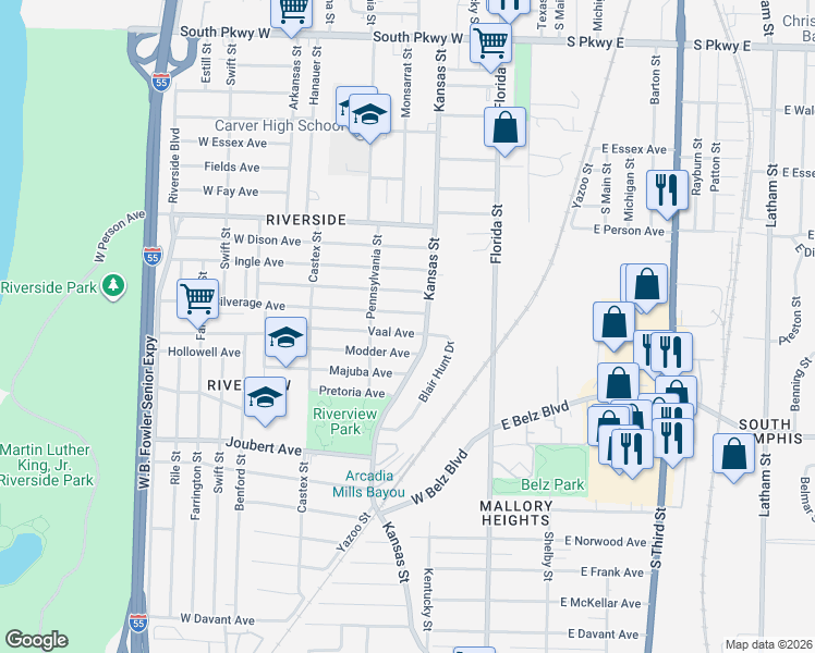 map of restaurants, bars, coffee shops, grocery stores, and more near 104 Vaal Avenue in Memphis
