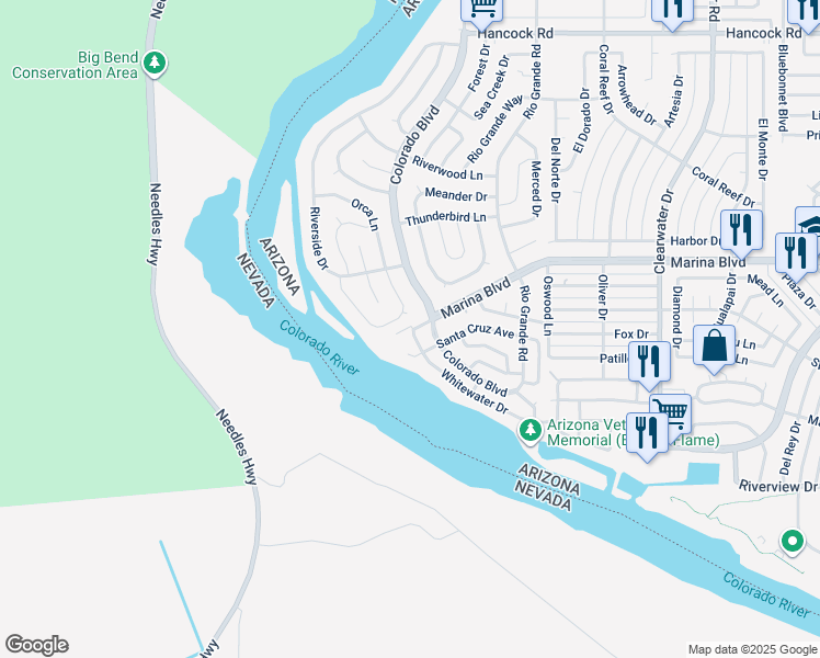 map of restaurants, bars, coffee shops, grocery stores, and more near 243 Marina Boulevard in Bullhead City