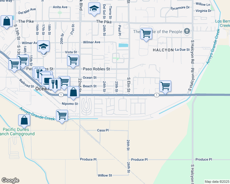 map of restaurants, bars, coffee shops, grocery stores, and more near in Oceano