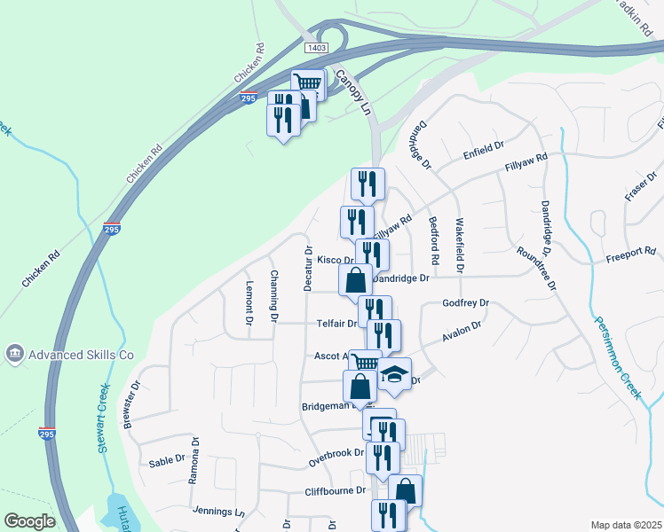 map of restaurants, bars, coffee shops, grocery stores, and more near 7513 Kisco Drive in Fayetteville