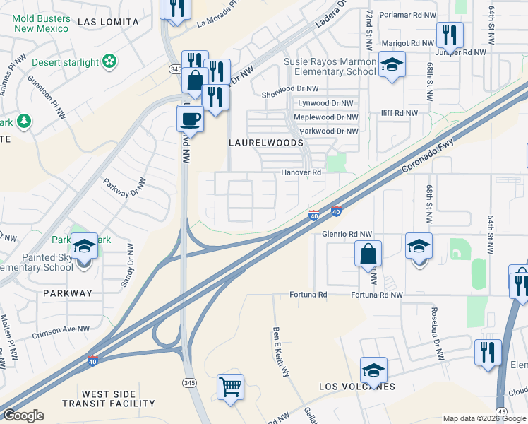 map of restaurants, bars, coffee shops, grocery stores, and more near 7712 Baybrook Road Northwest in Albuquerque