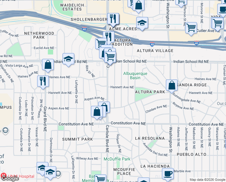 map of restaurants, bars, coffee shops, grocery stores, and more near 1619 Hermosa Drive Northeast in Albuquerque