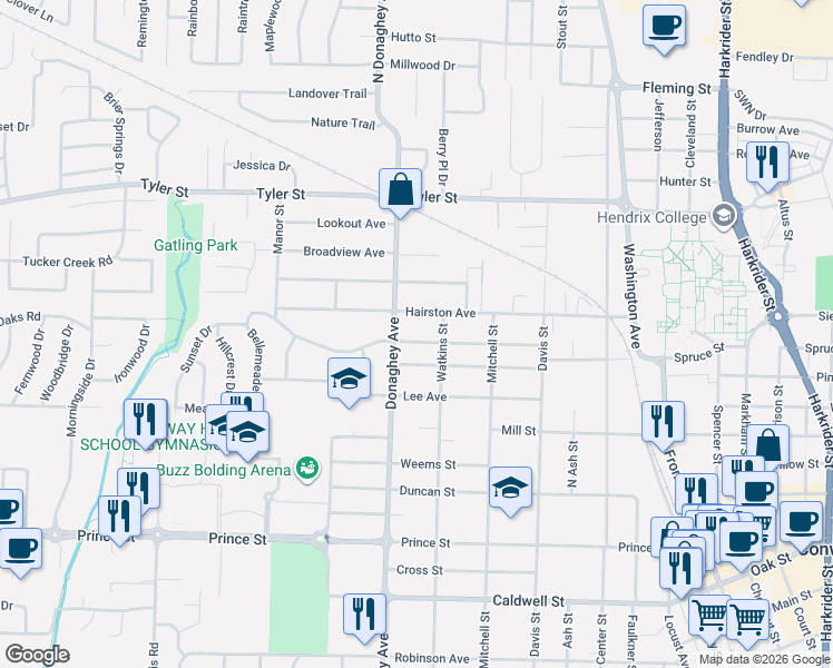 map of restaurants, bars, coffee shops, grocery stores, and more near 2020 Independence Street in Conway