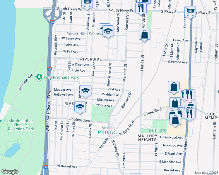 map of restaurants, bars, coffee shops, grocery stores, and more near 142 Vaal Avenue in Memphis